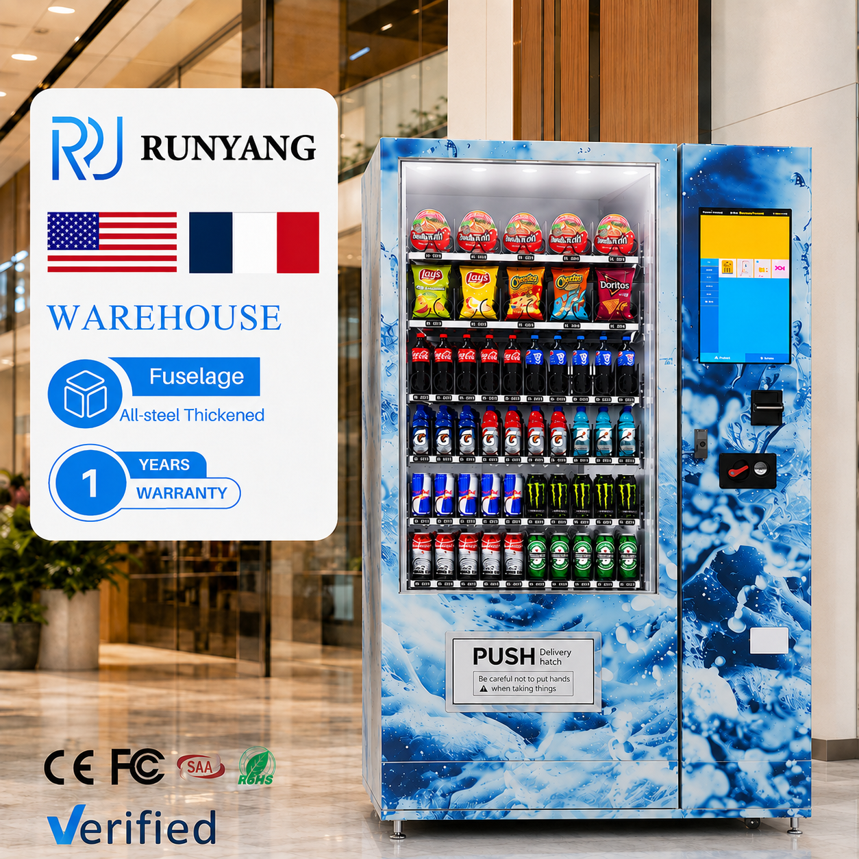 RUNYANG Custom <strong>Smart</strong> <strong>Cooler</strong> Touchscreen <strong>Vending</strong> <strong>Machine</strong> with AI Control & Remote Monitoring for Europe Markets Drinks & Snacks
