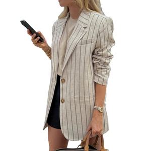 Personnalisez le blazer tendance pour femmes à rayures en lin Blazer surdimensionné pour femmes - Product Image 1
