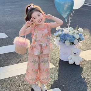 Conjunto de Verano de Dos Piezas <span class=keywords><strong>para</strong></span> Niñas: Top sin Mangas con Estampado Floral <span class=keywords><strong>y</strong></span> Pantalones Anchos, Ideal <span class=keywords><strong>para</strong></span> Niñas <span class=keywords><strong>Altas</strong></span> - Product Image 1