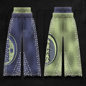 Custom Side Rhinestone Trousers <b>Elastic</b> Waist Acid Washed Double Waist Baggy Wid Leg Stacked Street Style Sweatpants for Men - Product Image 1