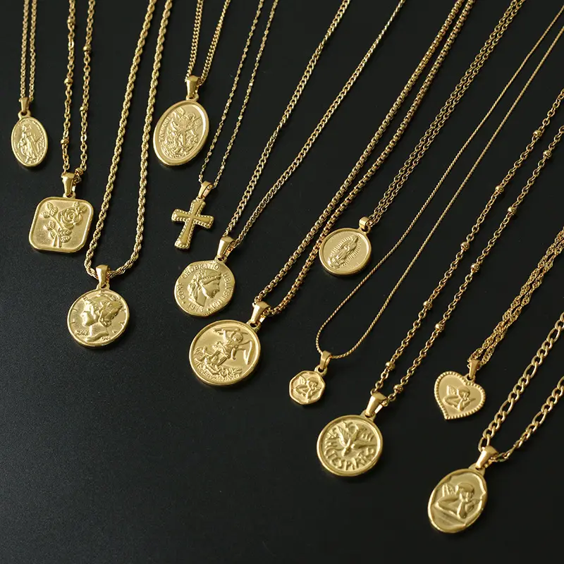 Wholesale Stainless Steel 18K Gold Plating Coin Figure Heart Cross Angel Necklace Pendant Charm