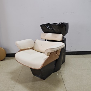 Fauteuil de lavage moderne et confortable en cuir PU noir avec cadre en bois et éponge haute densité, lavabo en céramique, mobilier de salon de coiffure - Product Image 3