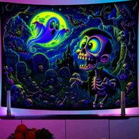 Tapisserie personnalisée squelette Halloween réactive aux UV, toile de fond néon phosphorescente à lumière noire avec crâne effrayant pour décoration murale