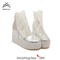 Nouvelles dames printemps automne femmes pompes maille haute plate-forme épaisse fleur blanche dentelle mariées mariage mariée talon chaussures