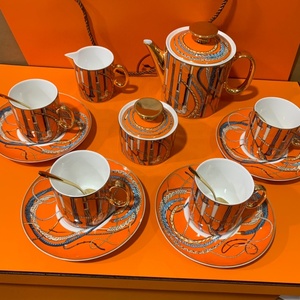 Ensemble de thé en céramique à motif sceptre orange, 11 ou 15 pièces, avec poignée dorée, en porcelaine fine, idéal pour un cadeau - Product Image 2
