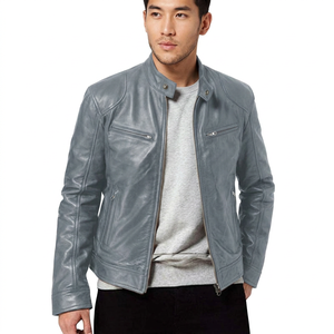 Nueva Chaqueta de Invierno para Hombre Estilo Motero Personalizada, de Cuero Genuino Gris con Correas, Bolsillos con Cremallera y Aspecto Lavado Sensacional - Product Image 1