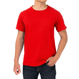 เสื้อยืดคอกลมแขนสั้นผู้ชาย สีแดง ผ้าฝ้าย ทรงปกติ สีพื้น ผ้าเจอร์ซีย์ถัก ย้อมสีเรียบ - Product Image 4