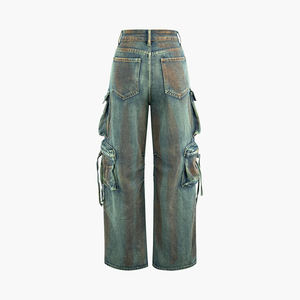 Yüksek Bel <span class=keywords><strong>Vintage</strong></span> Eskitme Efektli Erkek Kot Pantolon Çok Cepli Kişiselleştirilmiş Tasarım Hip Hop Özel Logolu Erkek Kot Pantolonu - Product Image 2