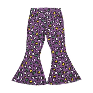 Mardi Gras Holiday Party Boutique Roxo Leopardo Print Unique Design Jeans Calças Baby Girls Bell Bottom Denim Pants