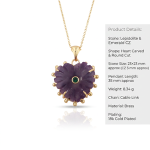 Collar de estilo romántico para mujer con colgante de lepidolita en forma de corazón tallado, con incrustaciones de esmeralda y circonita cúbica, cadena de latón chapada en oro de 18k. - Product Image 1