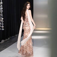 Robe de soirée sirène sur mesure en sequins or rose pêche, sans bretelles, à franges, longueur ras du sol, vente en gros