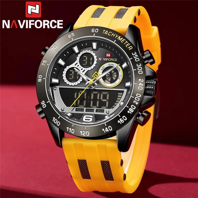 NAVIFORCE izle moda LED İzle erkekler üst marka lüks sarı kauçuk spor erkek saat dijital kuvars erkek kol saati