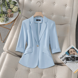 Women's Light Blue Blazer Three Quarter Sleeve Solid Color Breathable Casual Top - Product Image 1