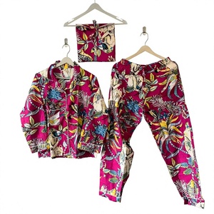 Pink tropical printed cotton night <b>suit</b> set with button shirt matching pants and pouch soft relaxed lounge sleepwear style - Product Image 1