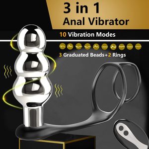 Vibrador Anal 3 en 1 de Metal con Bolas Vibratorias, 2 Anillos para Pene, 10 Vibraciones, Recargable, Impermeable, Juguetes Sexuales Anales para Hombres y Parejas - Product Image 2