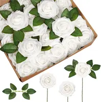 25 adet/kutu toptan toplu ucuz kırmızı pembe beyaz sahte gül DIY buket düğün dekorasyon yapay çiçek PE köpük güller kök ile