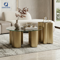 Mesa de Centro Redonda de Vidrio Templado con Base de Metal Dorado Ondulado, Diseño Italiano de Lujo, Venta Caliente 2026, Juego de Mesas Auxiliares de Forma Irregular
