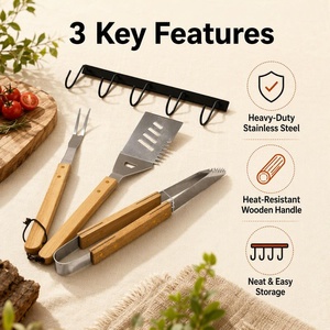 304 Stainless Steel 3Pcs BBQ <b>Tool</b> Set Wooden Handle with Black Hanging <b>Rack</b> - Product Image 2