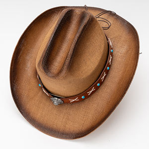 Chapeau de cowboy rayé de style western rétro américain, chapeau de soleil en paille à large bord, unisexe, décontracté, plage, extérieur - Product Image 6