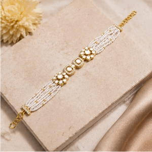 Elegant 925 Silver <b>Bracelet</b> with White <b>Beads</b> and <b>Gold</b> Accents Traditional Indian Jewelry for Women - Product Image 2