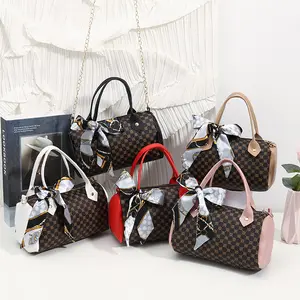 2024 Ladies Printed Handbag PU Small round Bag with Silk Scarf Chain Fashionable Shoulder Crossbody Bag