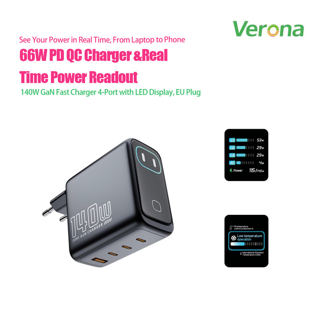 Verrona 140W GaN PD3.1 Wall Charger 4-Port Fast Charger with Smart Display Screen Low-Temp Operation EU Plug for All Devices