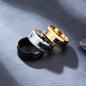 แหวนวงแหวนผู้ชายสแตนเลสคลาสสิก 8 มม. สีน้ำเงินดำคาร์บอนไฟเบอร์ |   แกะสลัก DAD Freemason Crusader Cross Lucky Tree Blank - Product Image 3
