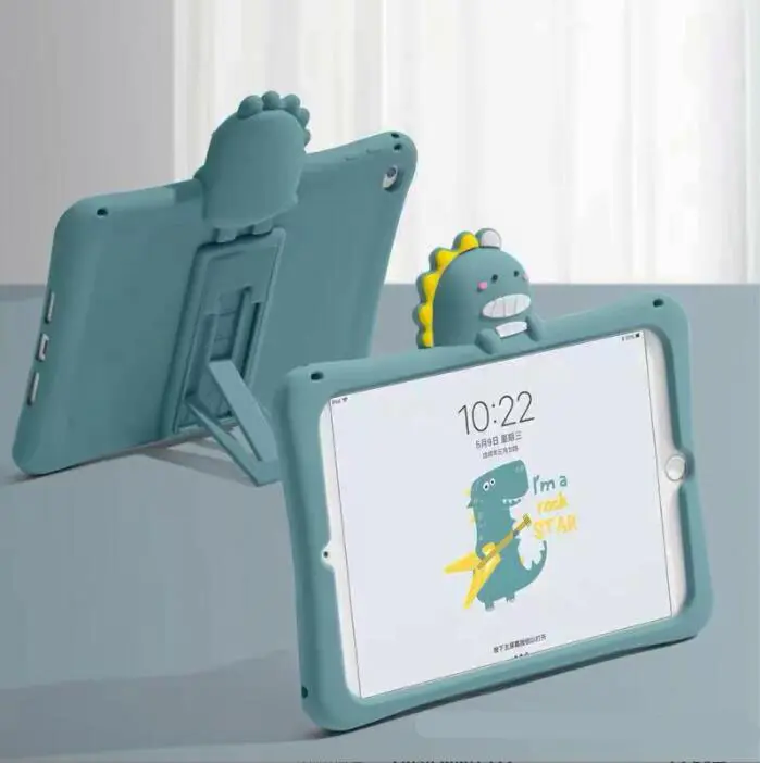 Cute Cartoon Little Dinosaur Designed Silicone Case with Foldable Stand for ipad air/air2/9.7/10.2/10.5/10.9/11/mini 5/6