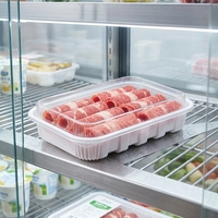 Vassoio in plastica trasparente monouso personalizzato per confezionamento alimenti surgelati, adatto per involtini di manzo e agnello da 500g.