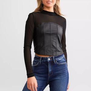Top Corset de Cuero Sintético PU 2025 para Mujer, Sexy, Manga Larga, con Malla y Parches, Efecto Adelgazante - Product Image 2