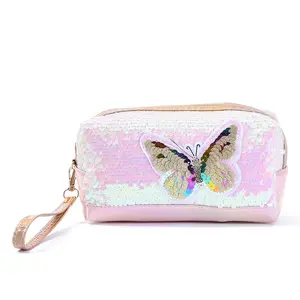 2023 Gift Butterfly small makeup bag pink glitter sequin pink makeup bag large capacity travel cosmetic bag