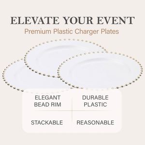 13 Inch Heavy Duty <b>Plastic</b> Charger Plates Bulk Gold Beaded Rim Clear White Show Plate Set for Wedding Table Decoration Eco - Product Image 2