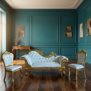 Victorian Style Gold Frame Blue Fabric <b>Sofa</b> Set with Two Chairs Stackable & Eco-Friendly for Commercial Hotel Use - Product Image 4