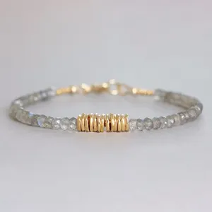 Boho Labradorite Gemstone Gold Silver Plated Beaded Natural Stone Stacking Bracelet Jewelry