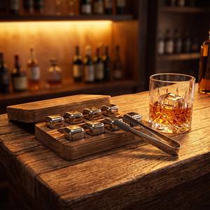 Bandeja de madera de pino carbonizada al por mayor con 8 ranuras para pinzas de hielo, juego de enfriamiento de vasos de whisky de acero inoxidable, regalo para bar. - Product Image 6