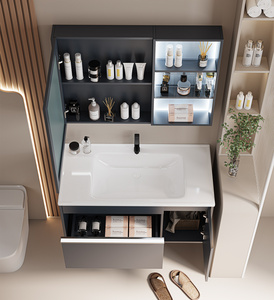 Mobile Bagno Moderno Grigio Sospeso in Legno Massello con Lavabo Integrato in Ceramica e Specchio LED Intelligente - Product Image 3