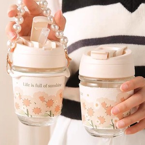 Tulip Shaped Glass Water Bottle With Pearl Handle And Straw Leak Proof For Women Travel Flower Tea Brewing - Product Image 2