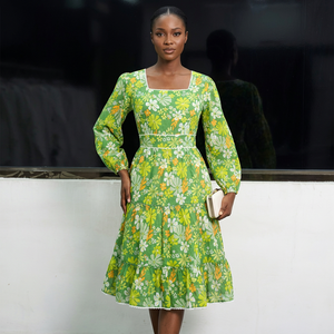 Floral Print Cotton Midi <b>Dress</b> Square Neck Lantern Sleeve A-Line Casual <b>Dress</b> Spring Green Patterned Layered Hem - Product Image 2