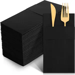 Guardanapos de jantar descartáveis, sensação de linho com bolso de louça embutido, pano preto de 50 pacotes como guardanapos de papel para jantar,