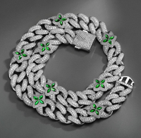2NK25030014 Laiton Fleur Verte Vente en Gros 20mm Hip-Hop Vert Zircon Collier Personnalisé Cubain Chaîne Zircon Colliers
