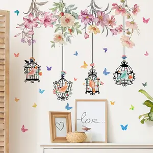Cartoon Iron Art Bird Cage Wall Sticker Bird cage butterfly flower Decals Living Room Decorative Wallpaper