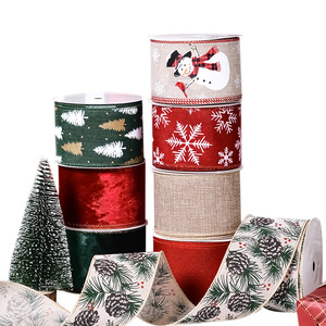 Pita Grosgrain Linen Dekorasi Karangan Bunga Natal Bermotif Kepingan Salju dan Kotak-Kotak dengan Tepi Kawat Lebar 6.3cm - Product Image 1