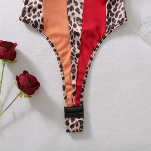 Bodysuit seksi motif leopard warna kontras, kerah V dalam, halter, tanpa punggung, selangkangan terbuka, lingerie teddy, baju renang. - Product Image 6