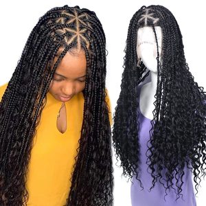 Bohemian Braided <strong>Wigs</strong> Boho Box <strong>Braid</strong> Knotless Goddess Locs <strong>Wigs</strong> with Curly Ends Synthetic Full Lace <strong>Wig</strong> with Baby Hair for Women - Product Image 1