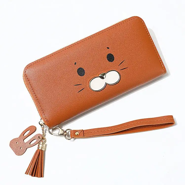 FD1027 2019 Korea Style Seal Accessory Cute Long Brown Leather Custom Ladies Fancy Wallet