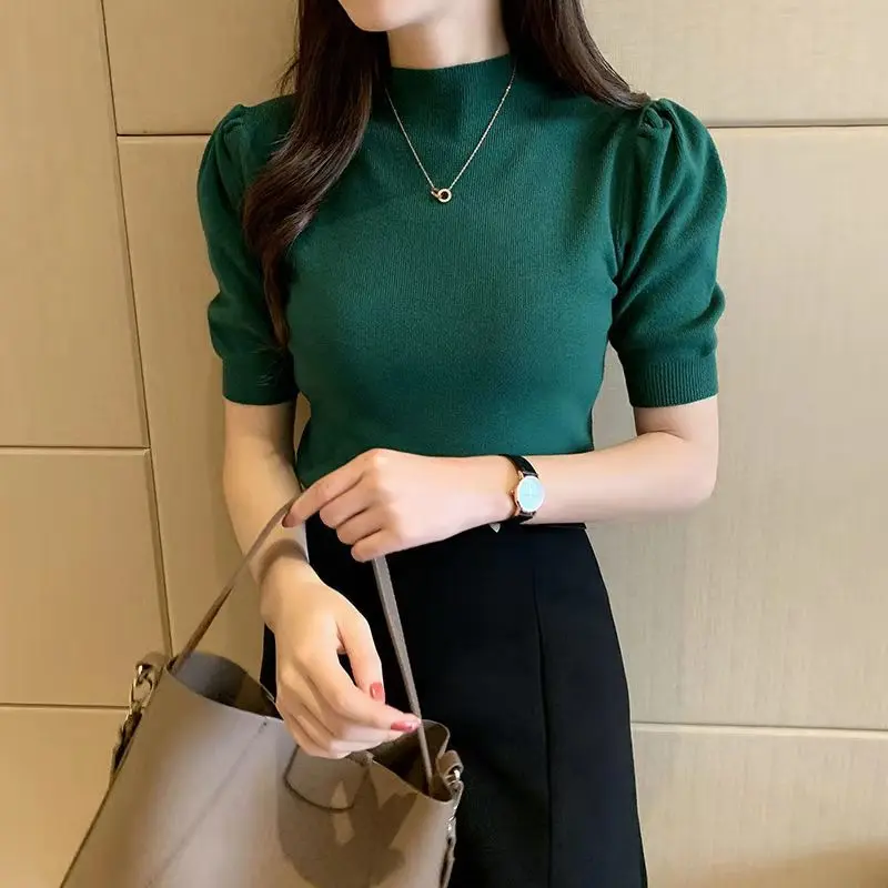 wholesale Solid colour half high neck medium sleeve sweater New Korean bubble sleeve bottoming sweater