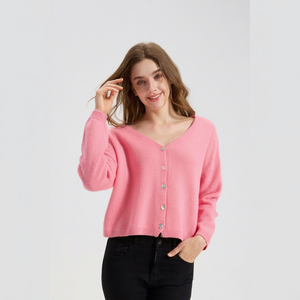 Cardigan en cachemire pur à 100 % pour femme, rose, col en V, tricoté, manches longues, coupe courte, décontracté, fermeture boutonnée, idéal pour l'automne - Product Image 2