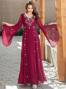 Robe de soirée en perles faite à la main pour femmes du Moyen-Orient Dubaï, style socialite rouge vin d'été, robe arabe - Product Image 2