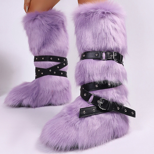 Botas de Nieve Cálidas de Felpa para Mujer, Talla Grande 44, con Suela Gruesa, Tiras Cruzadas, Botas Altas de Pelo hasta la Rodilla, Zapatos de Invierno con Punta Redonda - Product Image 3