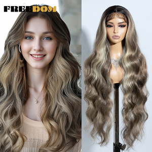 Parrucche Sintetiche con Frontale in Pizzo FREEDOM per Donne, 36 Pollici, Onda Morbida, Marrone con Riflessi <span class=keywords><strong>Biondi</strong></span>, per Cosplay, Resistenti al Calore, Trasparenti - Product Image 2